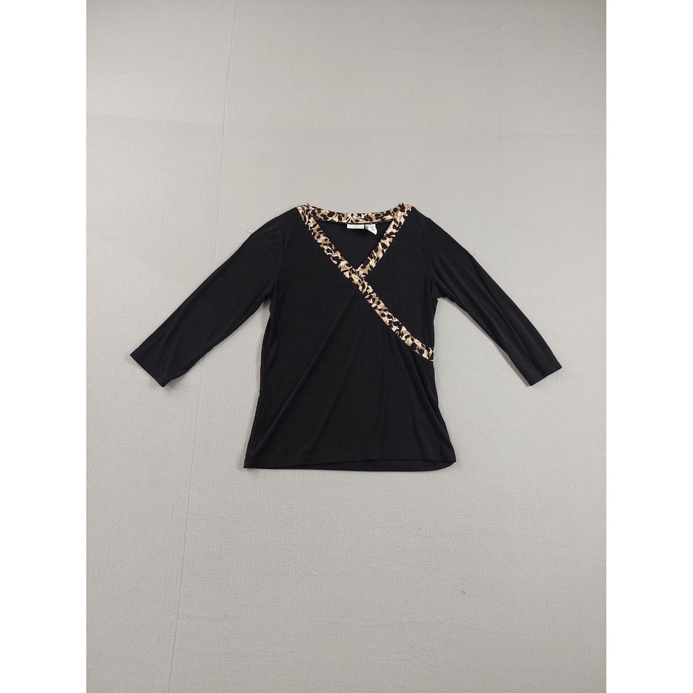 Jaclyn Smith Women Top S Black Animal Print V Neck Long Sleeve Pullover Casual
